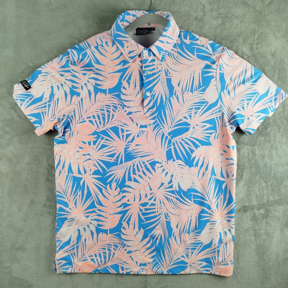 Sunday Swagger Mens Medium Blue & Pink Leafy Tropical Print Golf‎ Polo Shirt